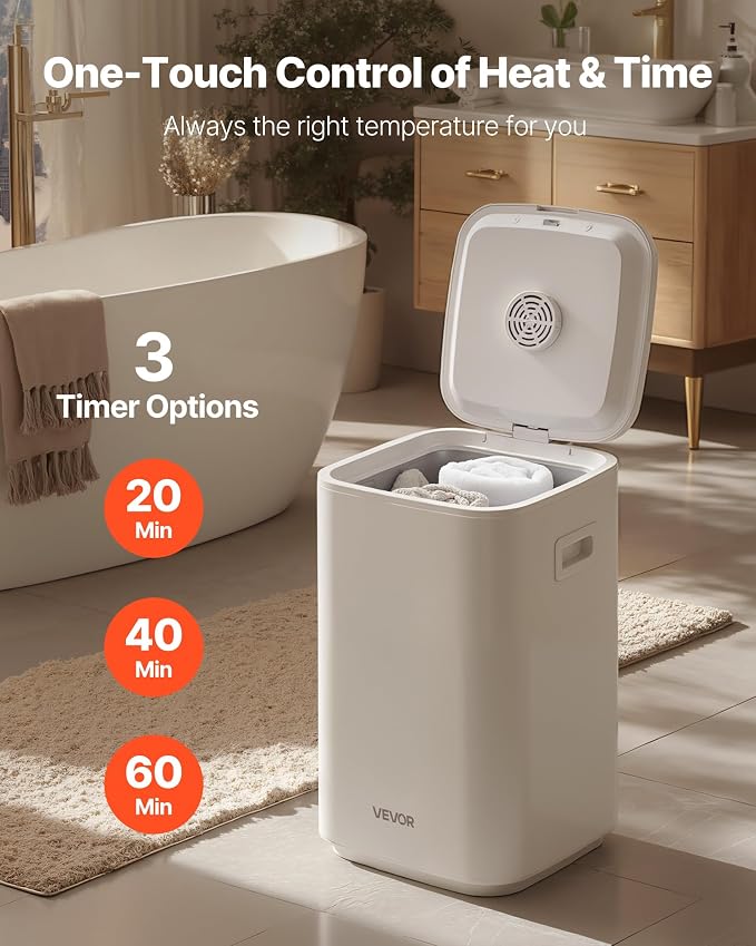 VEVOR Towel Warmers for Bathroom, Towel Warmer Bucket with Child Lock & High-Temp Light & 24H Delay Timer & Auto Shut Off Fits up to 4 Oversized Towels, Blankets, Clothes, Bathrobes and More, White