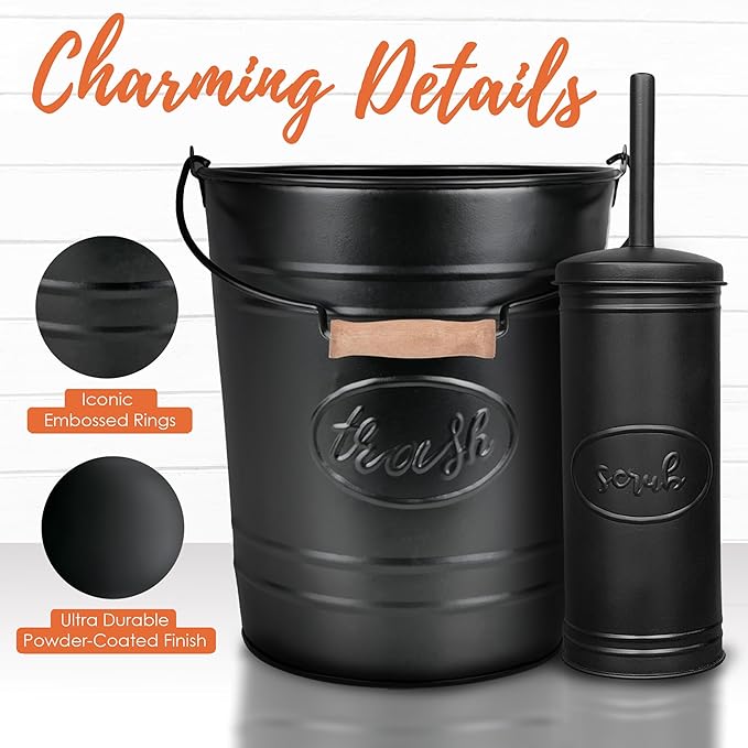 Autumn Alley Farmhouse Bathroom Trash Can and Toilet Brush Set - Rustic Bathroom Accessories for Charming Bathroom Décor, Matte Black Heavy Gauge Metal