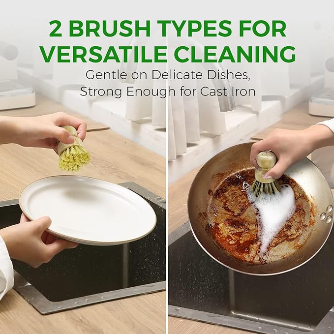 AIRNEX 40 Count Compost Bags for Countertop Bin 13 Gal & Bamboo Dish Brushes Set of 3-100% Compostable Trash Bags made of Cornstarch - Medium Stiff Sisal &Strong Blend of Coconut Bristles Brushes