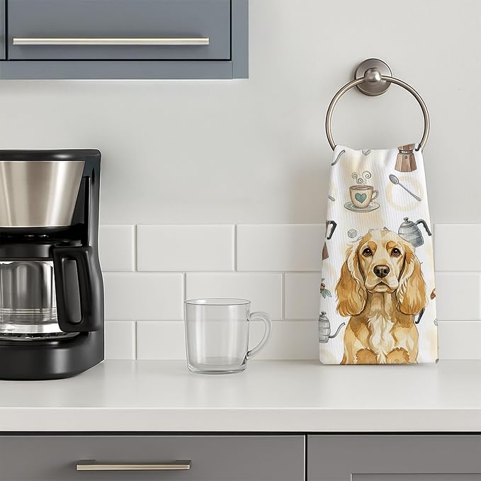 Caroline's Treasures Buff Cocker Spaniel Coffee Bar Kitchen Towel Velour Plush Front and Cotton Loop Back Machine Washable