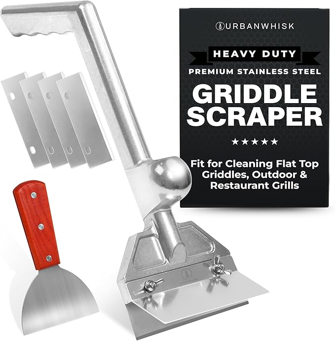 Heavy-Duty Griddle Scraper Kit – Griddle Scrapers for Flat Tops & Grill Scraper with Ergonomic Handles, Splash Guard, 4 Extra Blades for Effortless Burnt-On Grease Removal