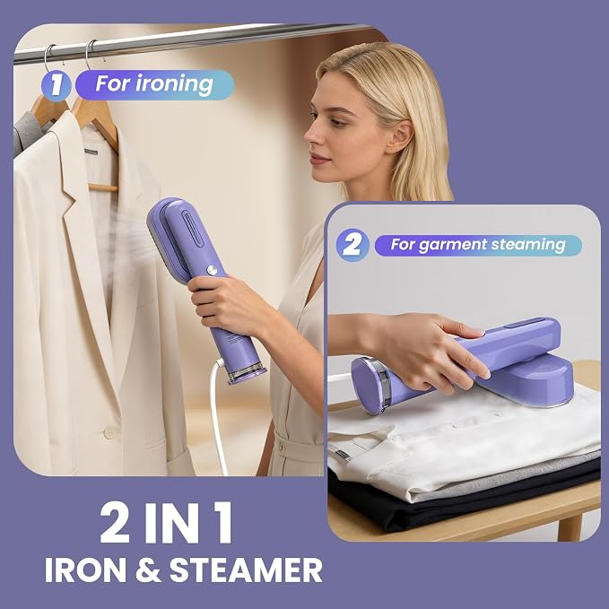 Heapsion 2-in-1 Steamer & Iron for Clothes, 1200W Portable Handheld Travel Garment Steamer, 30s Fast Heat-Up, Ultra Lightweight with 90° Rotating Head, Self-Cleaning, Large Ceramic Panel, Fabric-Safe