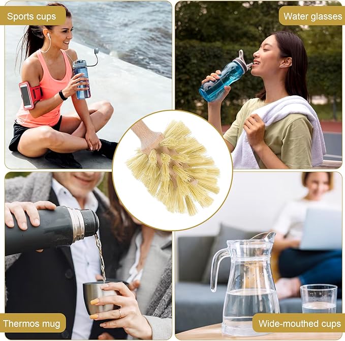 6 Pcs Natural Wood Dish Scrub Brush with Long Beechwood Handle Bristles for Cleaning Bottles, Mugs, Jars, Glasses, Dishes, Vases, Pitchers, 13.6 x 2.6 Inches