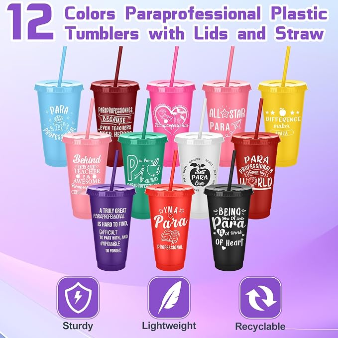Meanplan 24 Pcs Paraprofessional Appreciation Gifts Bulk 24 oz Plastic Tumbler with Lids and Straws Paraprofessional Thank You Cups Travel Mugs Inspirational Gifts for Coworkers Office Supplies