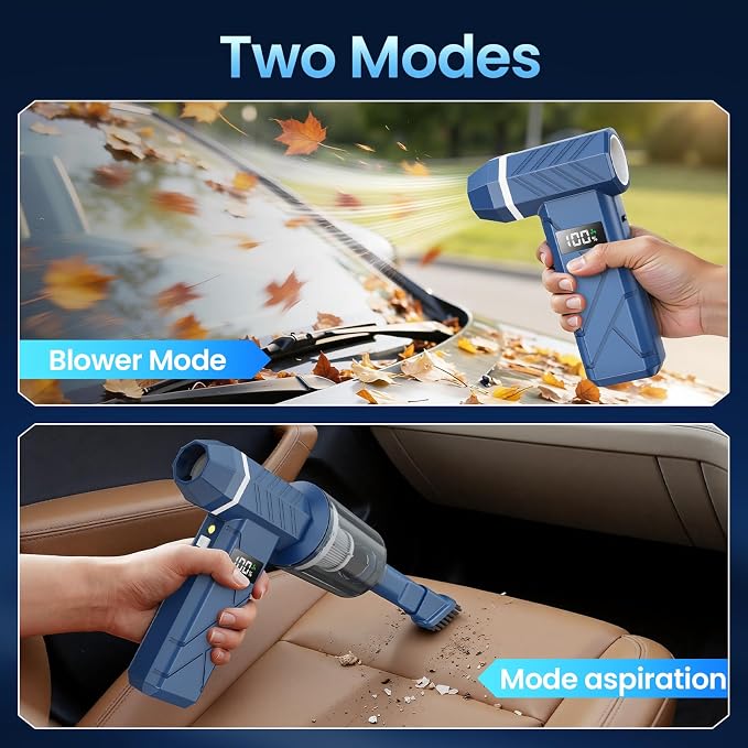 Dzaki Compressed Air Duster & Vacuum 2-in-1, 140000RPM Electric Air Duster, 4-Gear Adjustable Rechargeable Cordless Dust Blower with LED Light Fast Charging for Keyboard PC Car Home Outdoor-Navy