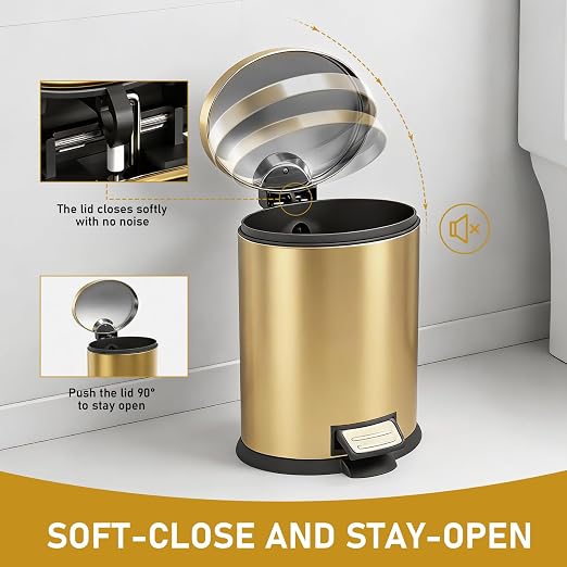 SIMPLYKLEEN Bathroom Trash Can with Lid - 4PC 1.3 Gallon/ 5L Oval Small Trash Can with Soft-Close Lid, Foot Pedal, Brushed Stainless Steel, Removable Liner, Garbage can for Kitchen, Office, Home Gold