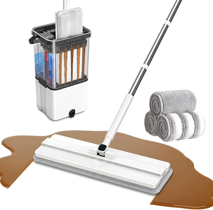 Mop and Bucket Set with Wringer,Separate Clean Dirty Water, Self Wringing Microfiber Dust Flat Mop for Hardwood Floors, Kitchen, Wall Cleaner -with 4 Washable Microfiber Pads