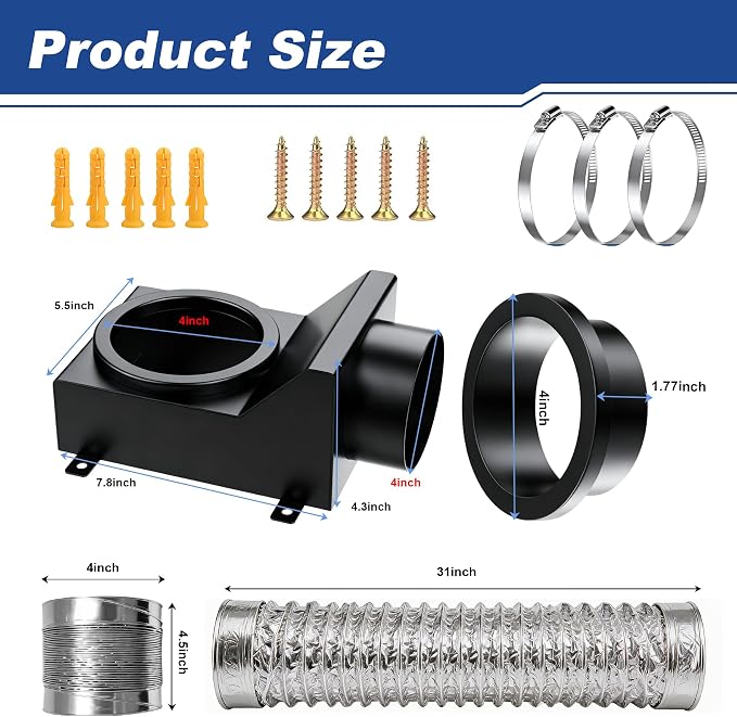 Magnetic Dryer Vent Connector Kit, 90 Degree Magnetic Dryer Vent Strong Magnet Dryer Vent Adapter Airtight Seal Quick Connect Disconnect Easy to Clean Flexible Hose 4" Exhaust Duct with Clamp Screws