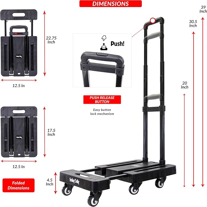 dbest Products Trolley Dolly Platform Cart 6-Wheel Handtruck for Moving, Folding Hand Truck, Telescoping Handle, Expandable Toe Plate & Includes 2 Bungee Chords, Carretilla plegable