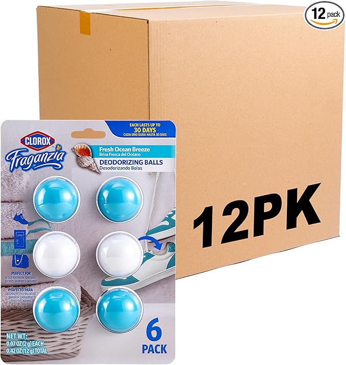 Clorox Fraganzia Deodorizing Balls for Shoes and Small Spaces, Twist-to-Activate No-Plug Odor Refresher Pods for Gym Bags, Lockers, Drawers, and Hampers, Ocean Breeze, 6 Count - 12 Pack
