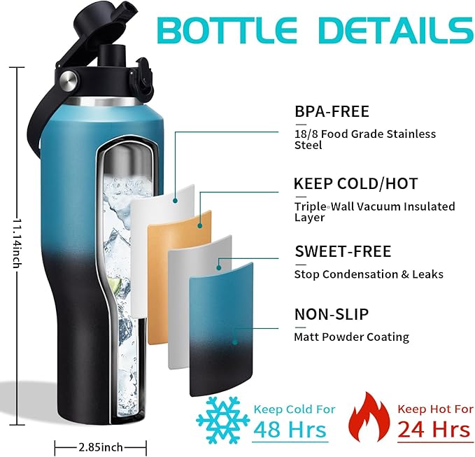 Insulated Water-Bottle 40oz with Sleeve - Vacuum Metal Insulated Flask Water Bottle Fits in The Car, Bike, Treadmill, Stroller, Golf Cart Cup Holder, Travel Coffee Mug, Cold for 48 Hrs, Hot for 24 Hrs