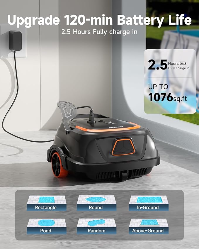 Cordless Robotic Pool Vacuum for Above Ground Pool, Automatic Pool Cleaner with Strong Suction, LED Indicator & Dual Filters, 2.5h Fast Charging, Self-Park