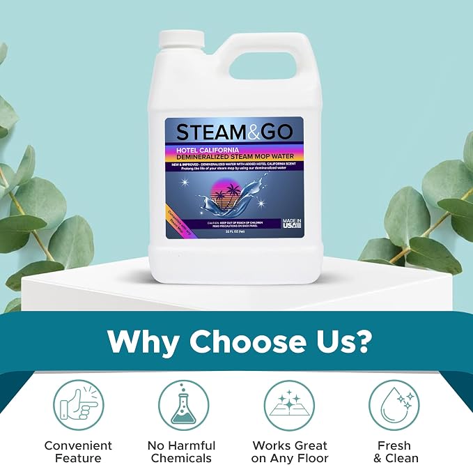 Steam & Go - The Housekeeper Steam Cleaner For Floors & Demineralized Water Bundle, 10-in-1 Hard Floor Cleaner Machine & Grout Steam Cleaner with Floor Cleaning Solution, 32 oz, Hotel California Scent