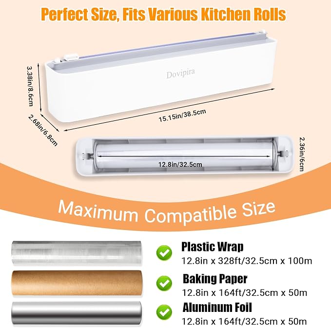 Magnetic Plastic Wrap and Foil Dispenser with Cutter | Magnetic & Adhesive Mounting, Fits for Max 12.8In x 328Ft of Plastic Wrap, 12.8In x 164Ft of Foil & Parchment Paper