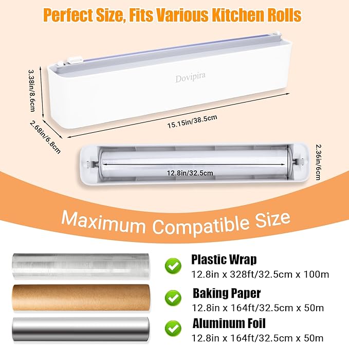 2 Pack Magnetic Plastic Wrap and Foil Dispenser with Cutter | Magnetic & Adhesive Mounting, Fits for Max 12.8In x 328Ft of Plastic Wrap, 12.8In x 164Ft of Foil & Parchment Paper