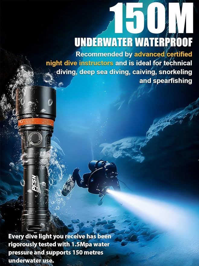 PFSN 3600 Lumens Dive Light, 150M Underwater Waterproof Diving Flashlight, 300M Long Range Beam, 20H Battery Life & Fast Charging, Rechargeable Scuba Dive Torch for Snorkeling Caving Spearfishing