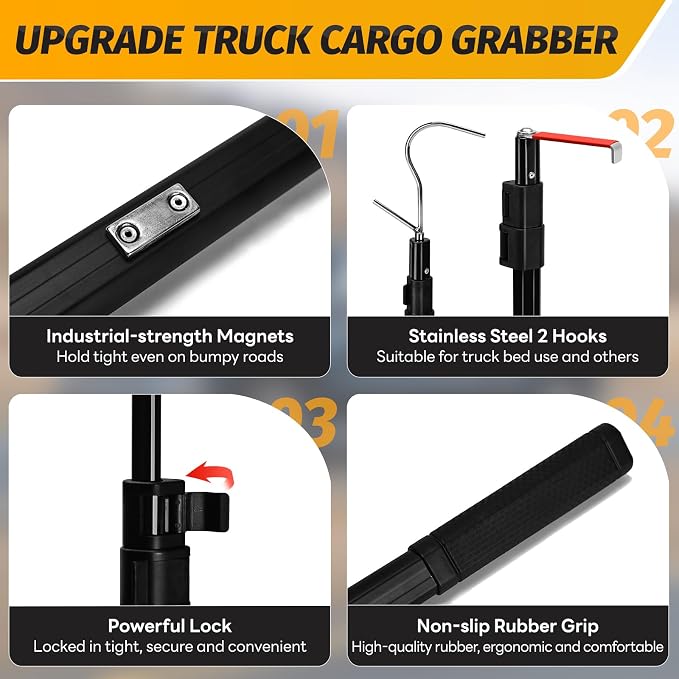 6.9 Ft Magnetically Mounted Truck Cargo Grabber Reach Retriever Tool with Two Hooks, Upgraded Extendable Telescoping Pickup Truck Bed Retriever Tool Magnetic Heavy Duty Truck Bed Accessories