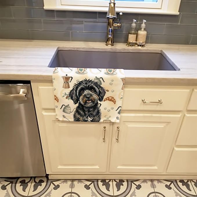 Caroline's Treasures Black Havanese Coffee Bar Kitchen Towel Velour Plush Front and Cotton Loop Back Machine Washable