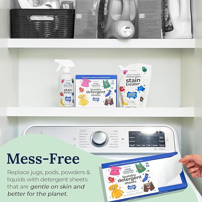 Miss Mouth's Laundry Detergent Sheets - 120 Loads, Pack of 2 - Hypoallergenic Cleaning for Sensitive Skin - Fragrance-Free Detergent - Travel Essentials with Laundry Sheets for On-the-Go Use