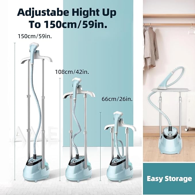 Upright Steamer for Clothes 1350W Turbo Boiler Standing Garment Steamer 1.6L Water Tank 1h Continuous Steam Flat&Hanging Ironing Double Retractable Rod 10 Modes 30s Fast Preheat for all Fabrics
