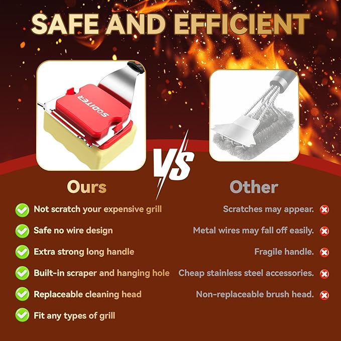 Grill Brush Bristle Free with Steam Cleaning Head & Scraper - BBQ Grill Cleaning Brush for Outdoor Grill, Safe Grill Cleaner for Cast Iron, Stainless Steel Grates, Replaceable Head (Two Brush Heads)