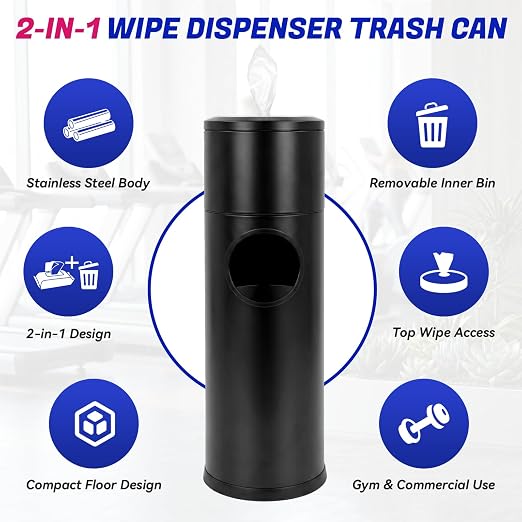 Gym Wipe Dispenser with Trash Can, Stainless Steel Floor Stand for Disinfecting and Fitness Wipes, 1.5 Gallon, Silver