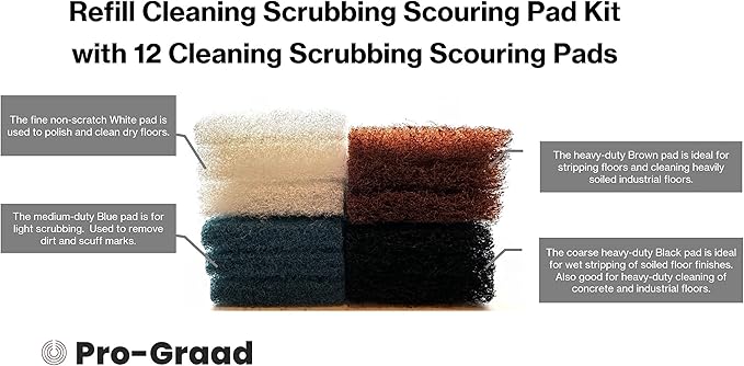 12 piece Refill Cleaning Scrubbing Scouring Pad Kit with 3X of 4 Different 10 x 4.5in Utility Cleaning Scrubber Scouring Pads | White Blue Brown Black | Compatible with Doodlebug Pad Holder