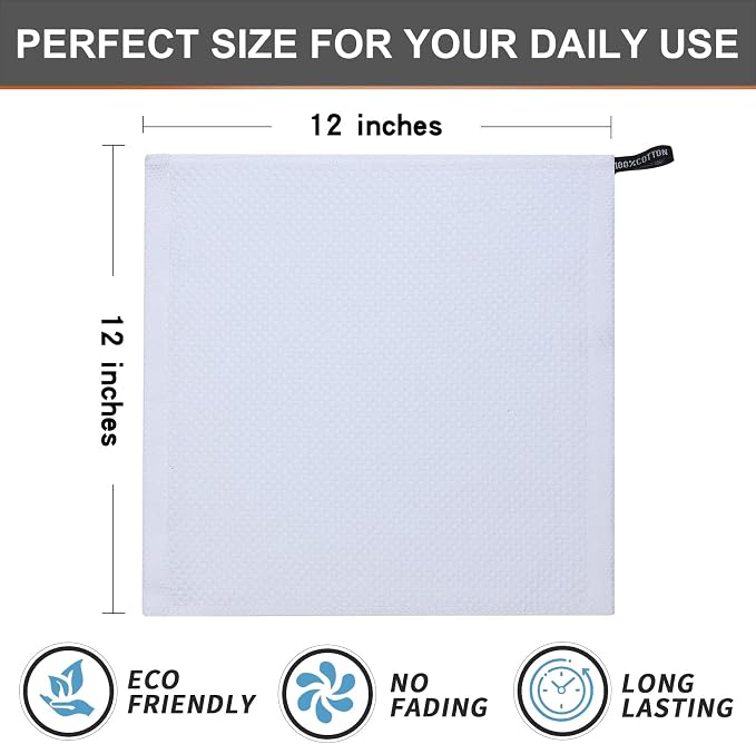 Kitinjoy 100% Cotton Kitchen Dish Cloths (12 X 12 Inches, White), 8 Pack Waffle Weave Ultra Soft Absorbent Dish Towels for Drying Dishes Quick Drying Kitchen Towels Dish Rags