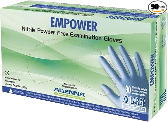 Adenna EPW449 Empower 8 Mil Powder-Free Nitrile Exam Gloves, Medical Grade, Blue, 2X-Large, Box of 90