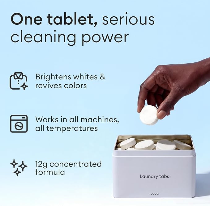 Vove Laundry Detergent Tablets, 80 Loads Value Pack - Plastic-Free, PVA-Free, Zero Microplastics - Enzyme-Powered Stain Removal - Plant-Based, Fragrance-Free, Works in Cold Water, Septic Safe