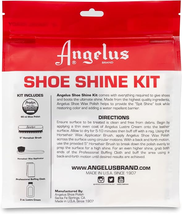 Angelus Shoe Shine Kit, Black- Boot and Shoe Polish Wax, Shoe Cream 3oz, Horsehair Brush, Dauber, and Cloth | 5 Piece Set, Gift Idea for Father's Day, Dad, Husband