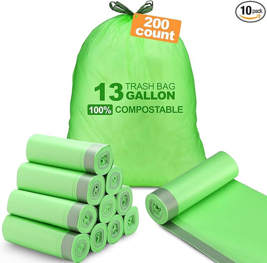 Dunzoom 200 Count 13 Gallon Compostable Trash Bags with Drawstring Tall Kitchen Food Scrap Waste Bag Heavy Duty Extra Thick 1 Mil Tear Resistant for Lawn Yard Home Kitchen Office