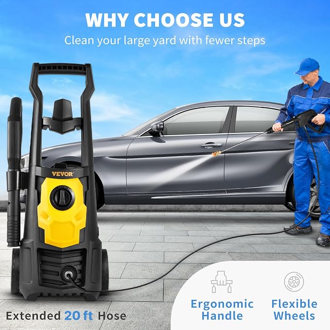 VEVOR Electric Power Washer, 2000 PSI 1.65 GPM, Portable Cleaner with 20ft Hose, Foam Cannon & 4 Nozzles for Cars, Patios, Fences - ETL Listed