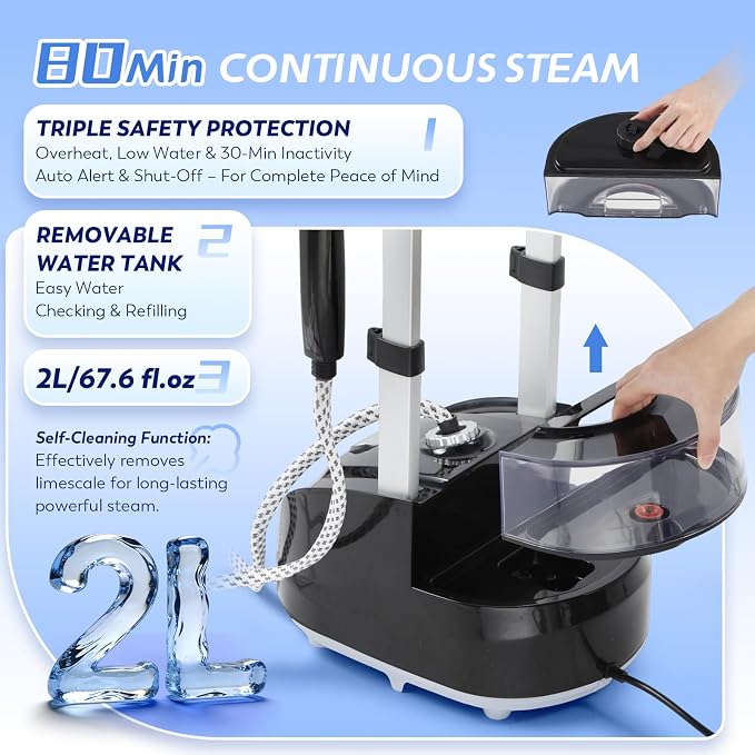 1950W Commercial Standing Garment Steamer for Clothes, 3-in-1 with Dry Ironing Mode, 3 Steam Levels, Rapid Heats in 25s for 80min Steam, 2L Tank, Self-Cleaning & Triple Safety Protection
