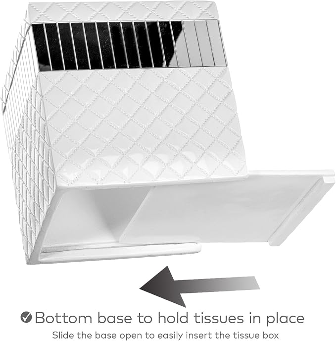 Quilted Mirror White Square Resin Tissue Box Cover with Bottom Slider