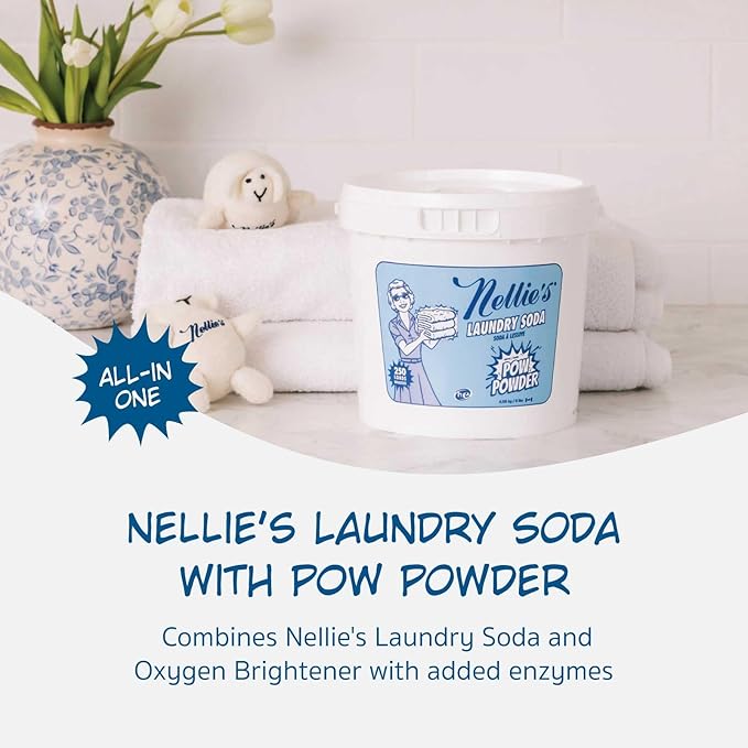 Nellie's Laundry Soda with POW Powder - 250 Loads - Environmentally Conscious Laundry Detergent with Stain-Fighting Active Enzymes - High-Efficiency, Gentle on Skin and Environment - (Made in Canada)
