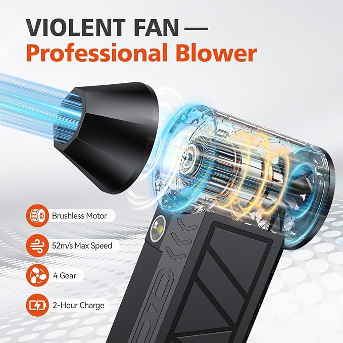 Electric Air Duster, High-Speed Cordless Air Blower with 3 Magnetic Nozzles, 130000RPM Motor, 4 Speeds & LED Light, 5000mAh Rechargeable Battery for Computer, Keyboard, Camera, Car, Home