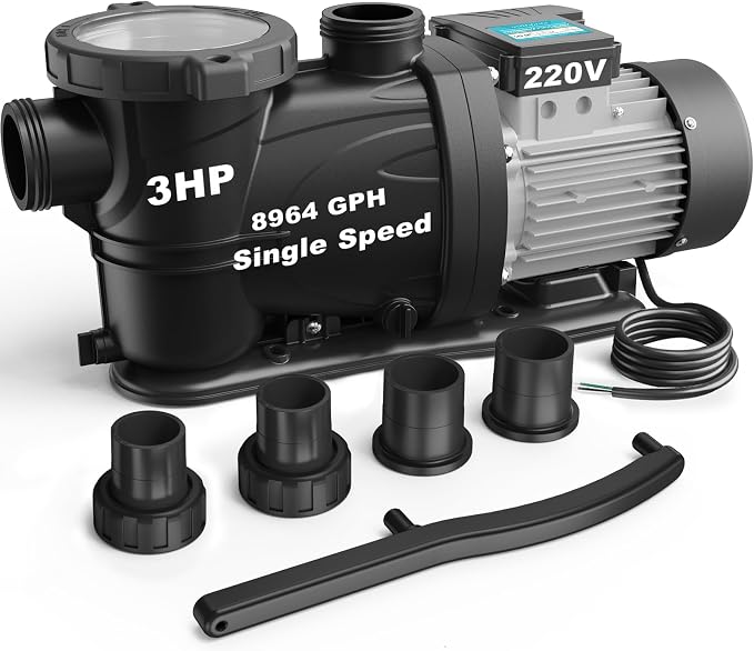 3HP In/Above Ground Pool Pump, 8964GPH Single Speed High Flow 220V Powerful Self Primming Swimming Pool Pumps with Filter