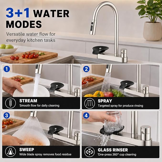 Kitchen Faucet with Pull Down Sprayer and Cup Washer, Glass Rinser Faucet, Lead-Free Brass Waterway, 3 Spray Modes, Single Handle, Single Hole Kitchen Sink Faucet, Brushed Nickel