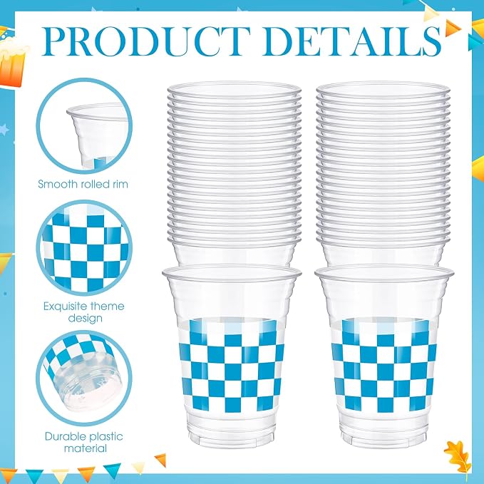 SiliFine 50 Pcs 12 oz Blue Checkered Plastic Cups Clear Disposable Gingham Plaid Party Cups for Race Car Theme Baby Shower Farmhouse Celebrations Birthday Party Decorations
