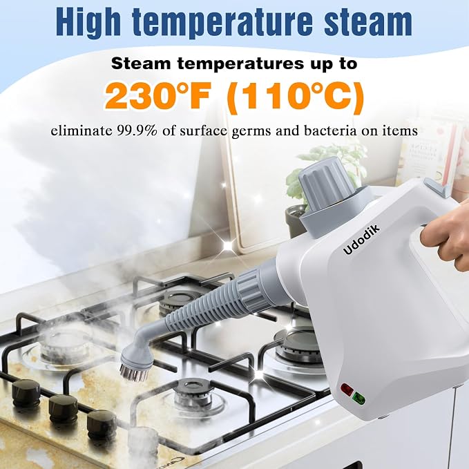 Handheld Steam Cleaner, versatile and portable design, comes with a safety lock and a 10-piece accessory set to easily remove dirt and grease (white).
