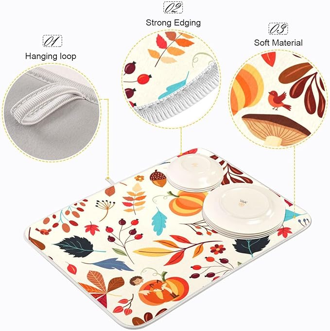 Absorbent Dish Drying Mat Autumn Pumpkins Fall Leaves Kitchen Counter Mat Protector,Reversible,Extra Large 24 x 18 Inches