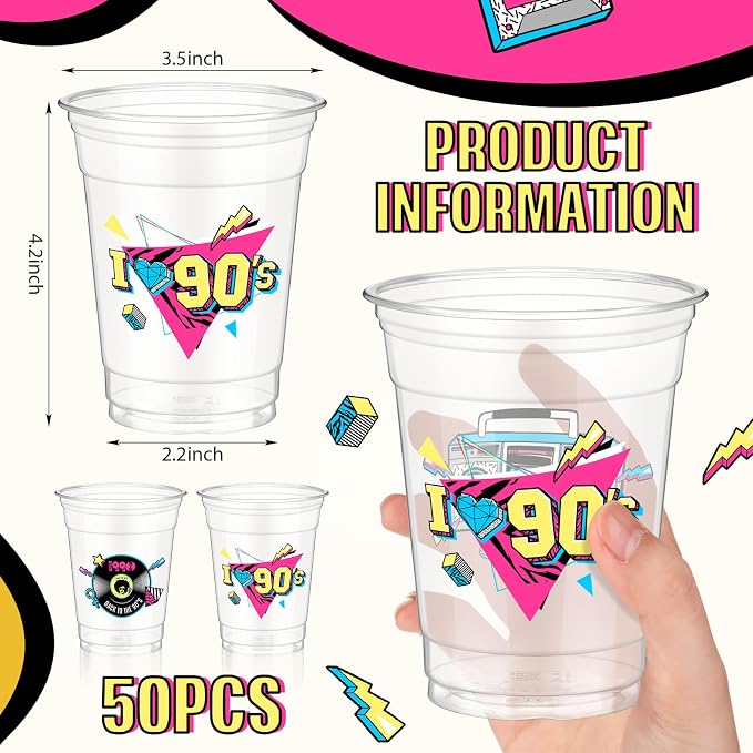Pickmesh 50 Pcs 90s Theme Party Decorations Back to 90's Plastic Cups Hip Hop Party Supplies 12 oz Thick Clear Disposable Drinkware Cups Retro Music Supplies