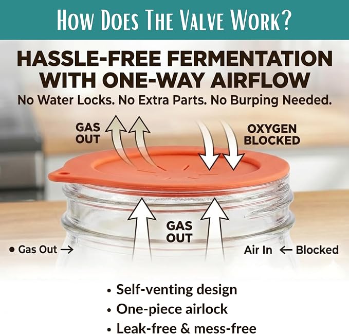 Basic Fermentation Kit for Wide Mouth Mason Jars - 6 Pack Silicone Fermenting Lids, Waterless Airlock Fermentation Tops for Pickles, Kimchi, Fermented Probiotic Food - Weights NOT Included
