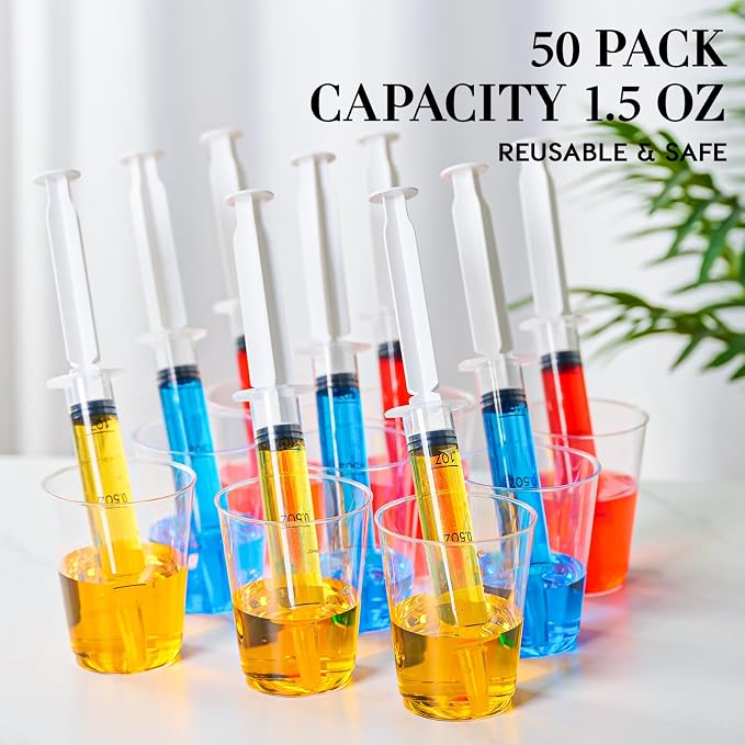 FOCUSLINE 50 Pack Jelly Shot Syringes, 1.5 OZ Capacity Plastic Shot Glasses, Durable Jelly Shot Syringes with Lid, Perfect for Halloween, Thanksgiving, Christmas