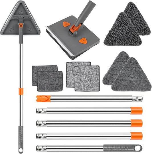CALBEAU Baseboard Cleaner Tool with Handle, Folding Wall Mop with 86" Extension Pole, Swivel Wall Cleaner Mop with Squeegee, 8 Reusable Pads for Baseboard, Wall, Ceiling, Window, Floor, Furniture