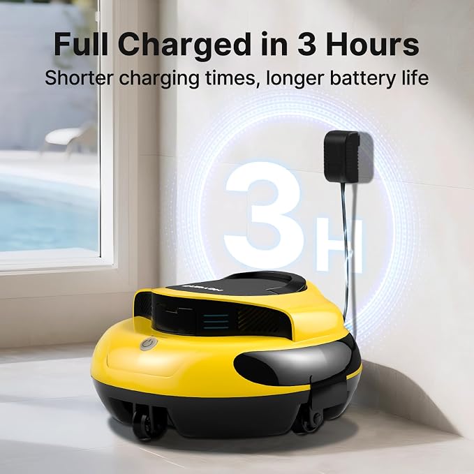 Cordless Robotic Pool Cleaner - Dual Motor Powerful Suction, 150 Min Runtime, Auto Parking, Ultra-Quiet, for In-Ground Pools Up to 50ft, Energy Efficient & Lightweight (Yellew)