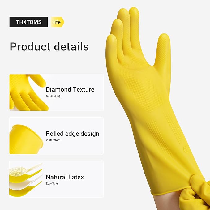 3 Pairs Rubber Dishwashing Gloves, Reusable Household Cleaning Gloves for Women Men, Kitchen and Bathroom Cleaning, Gardening, Pet Care, Extra Thickness, 20 Mil, 13", Heavy Duty, Non-Slip, S