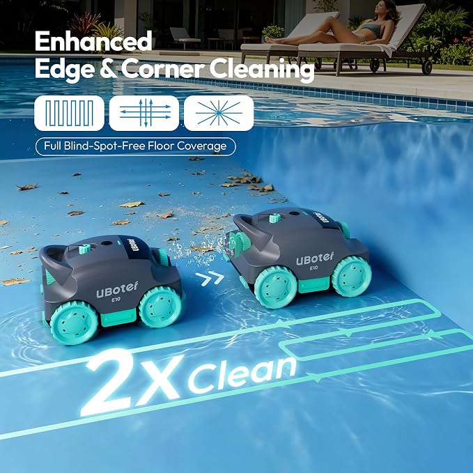 Cordless Robotic Pool Vacuum UBoter E10, Dual-Layer Filtration, Powerful Edge Corner Cleaning, 120–150 Mins Runtime, Auto Parking, No Debris Leakage, for Above Ground Flat Bottom Pools Up to 860 Sq.Ft