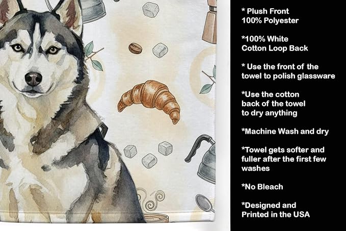Caroline's Treasures Agouti Siberian Husky Coffee Bar Kitchen Towel Velour Plush Front and Cotton Loop Back Machine Washable